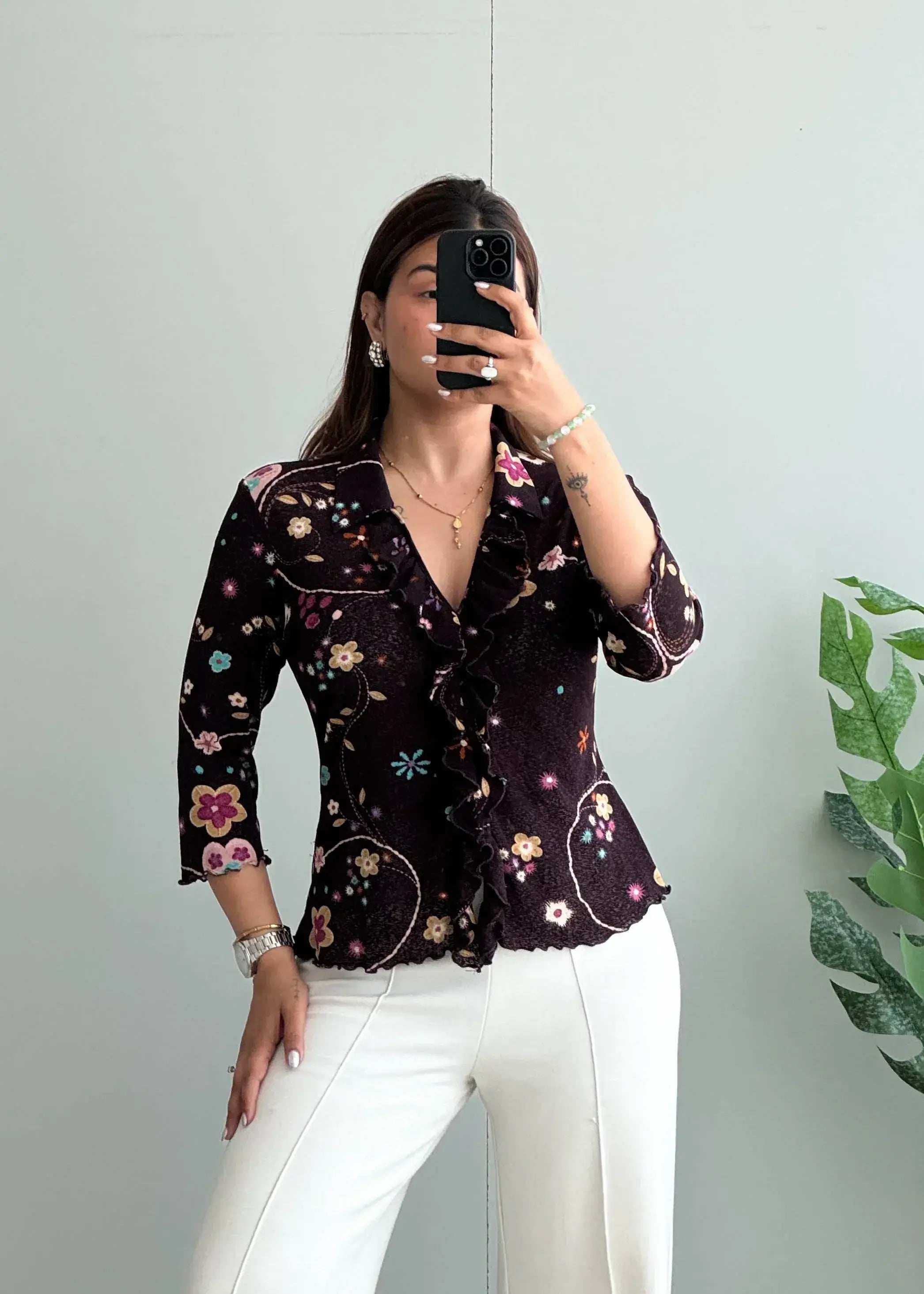 Size S-M, Brown Floral Ruffle Long Sleeve Top - Closet by Payal