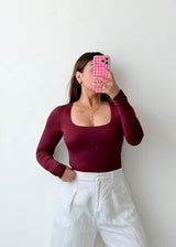 Size S-M Burgundy Square Neck Bodysuit