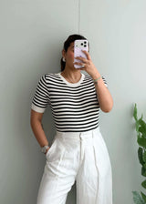 Size M-L, Black & White Striped Half Sleeve Top - Closet by Payal