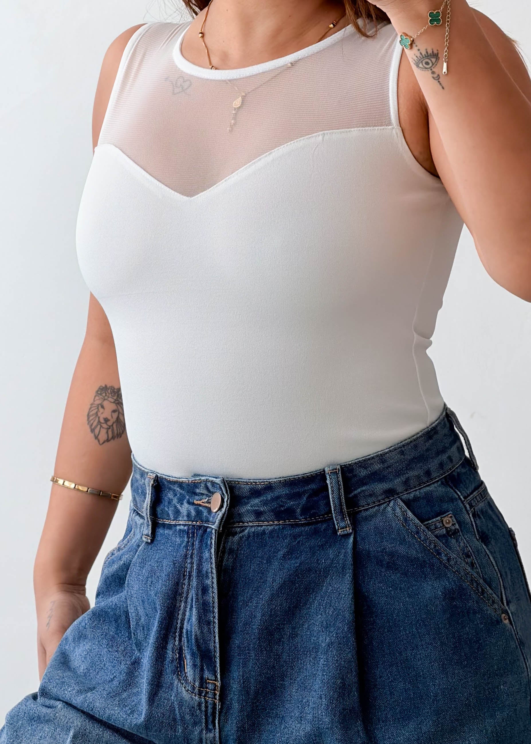 Size S-M White Mesh Neck Bodysuit