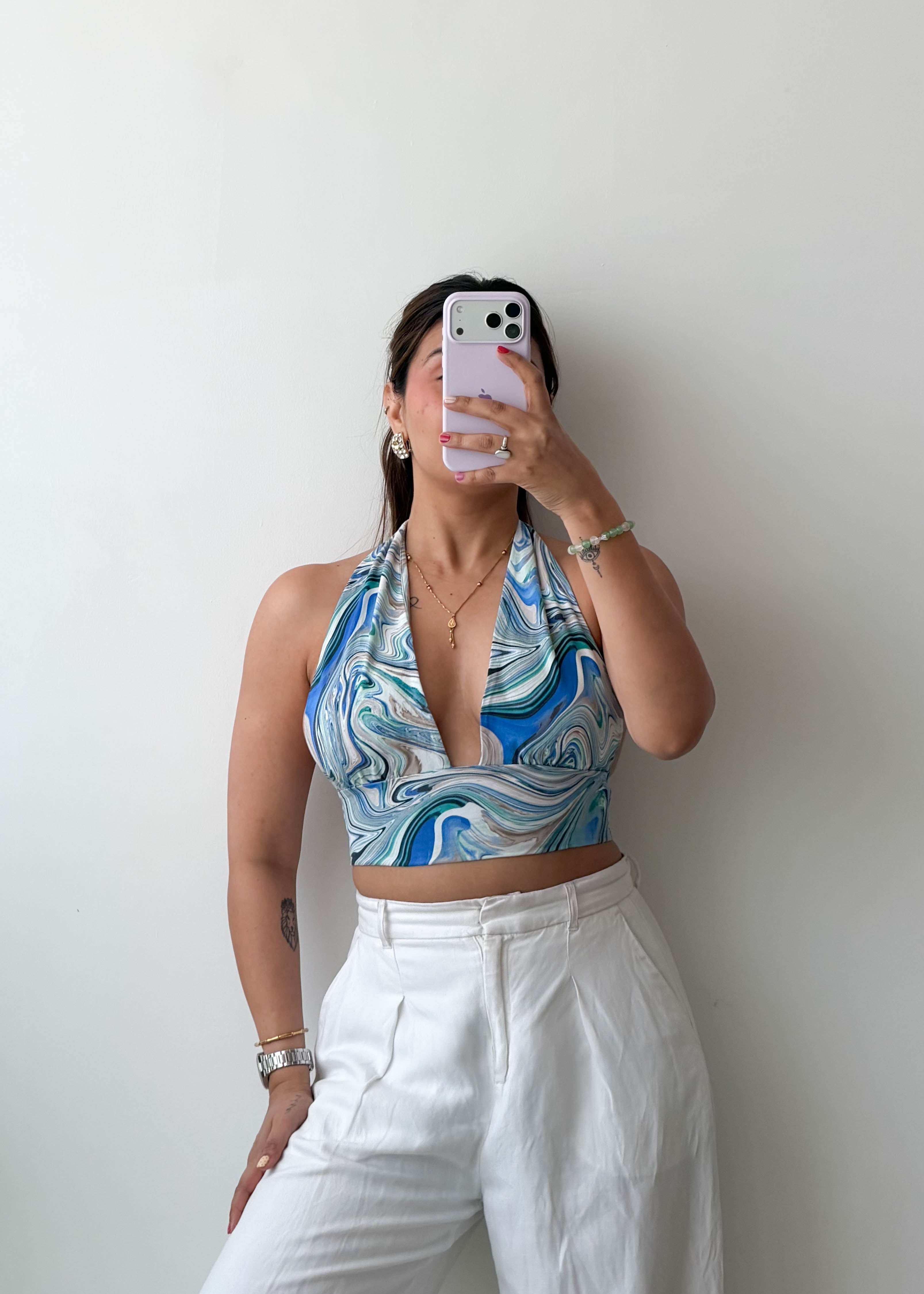 Size XS-S Blue Abstract Halter Neck Top