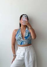 Size XS-S Blue Abstract Halter Neck Top