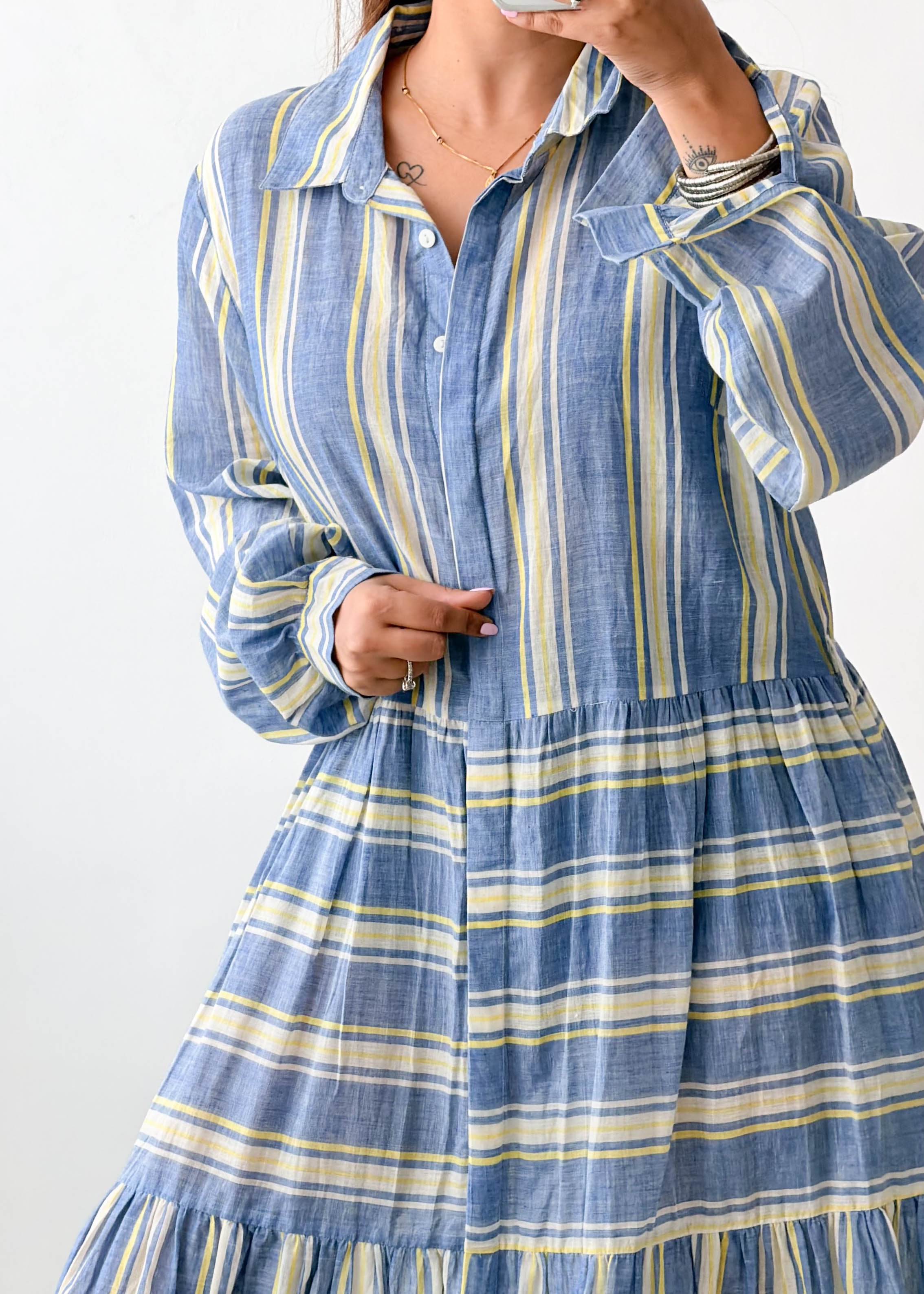Size L-XL Blue Striped Shirt Midi Dress
