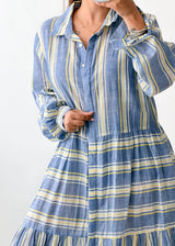 Size L-XL Blue Striped Shirt Midi Dress