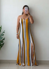 M-L Yellow White Striped Side Slit Maxi Dress
