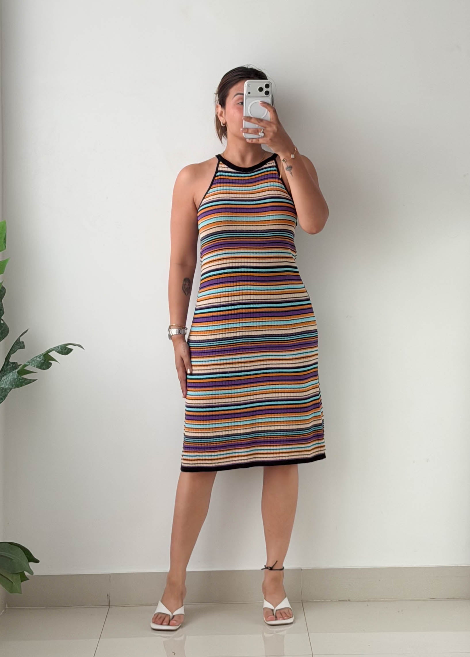 Size L-XL Multicolor Striped Ribbed Knit Midi Dress