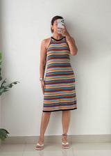 Size L-XL Multicolor Striped Ribbed Knit Midi Dress