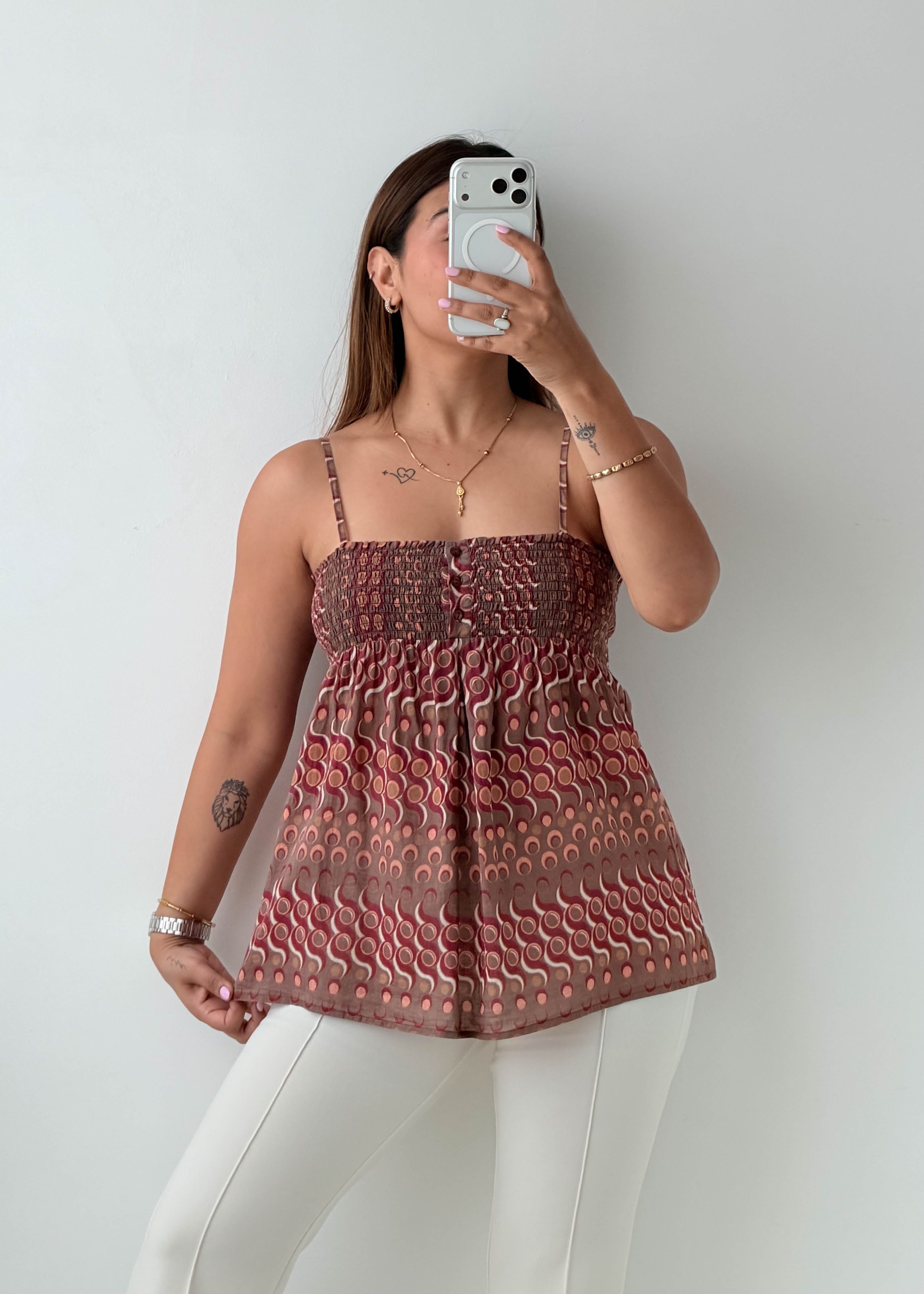 Size S-M Brown Printed Smocked Cami Top