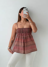 Size S-M Brown Printed Smocked Cami Top