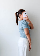 Size S-M Blue Floral Puff Sleeve Top