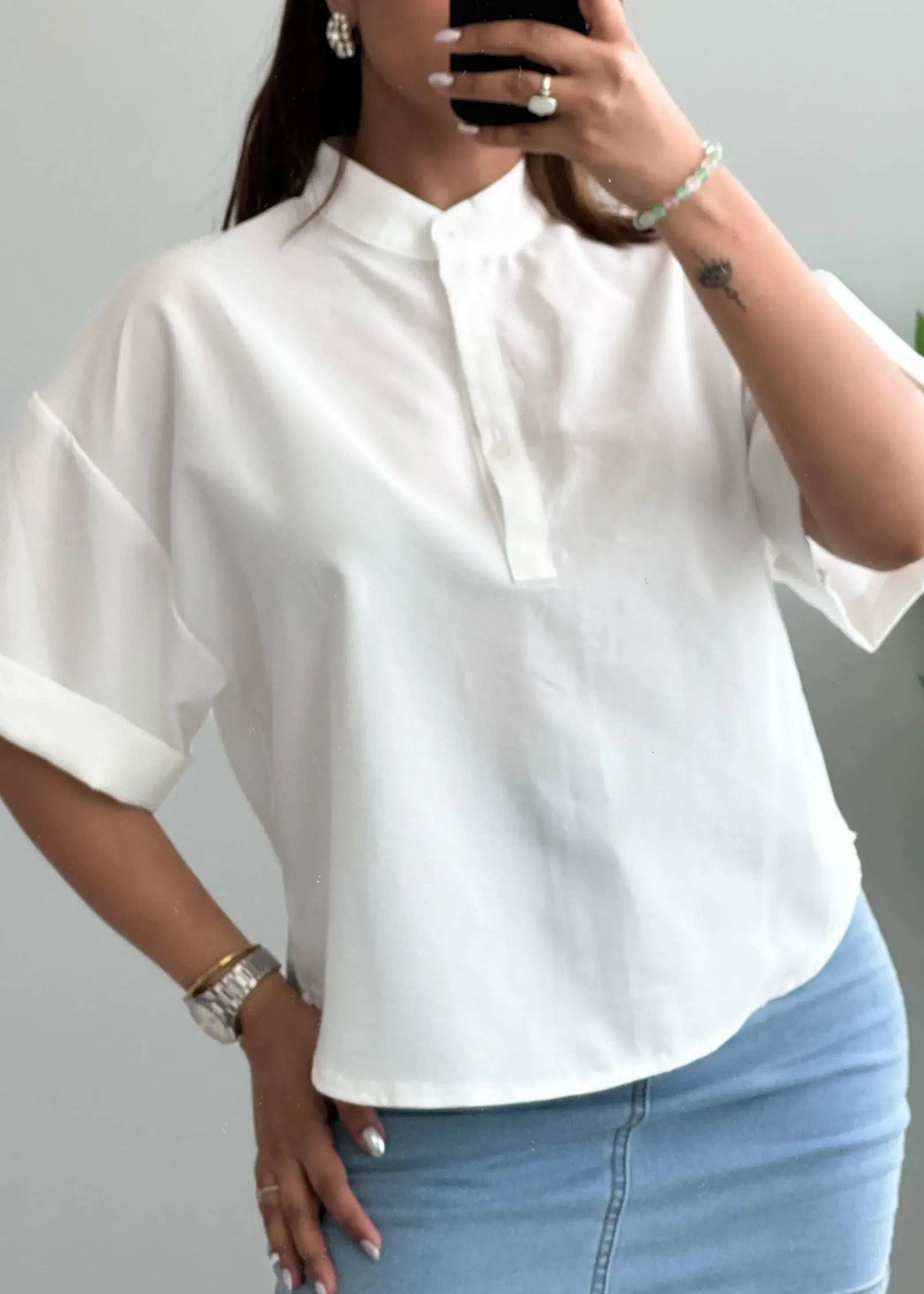 Size S-M, Minimal White Mandarin Collar Blouse for Women - Closet by Payal