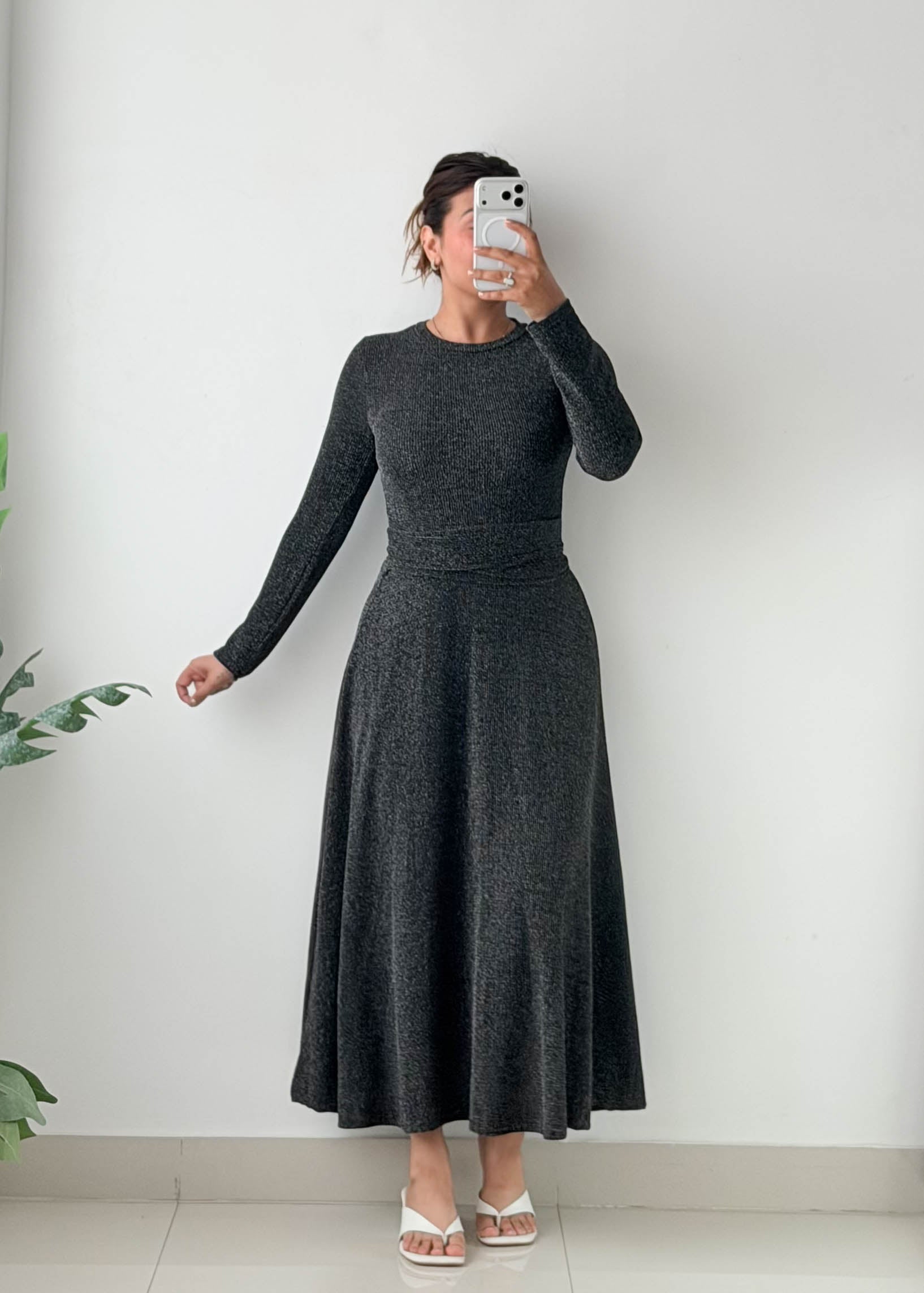 Size S-M Charcoal Heather Fit & Flare Maxi Dress