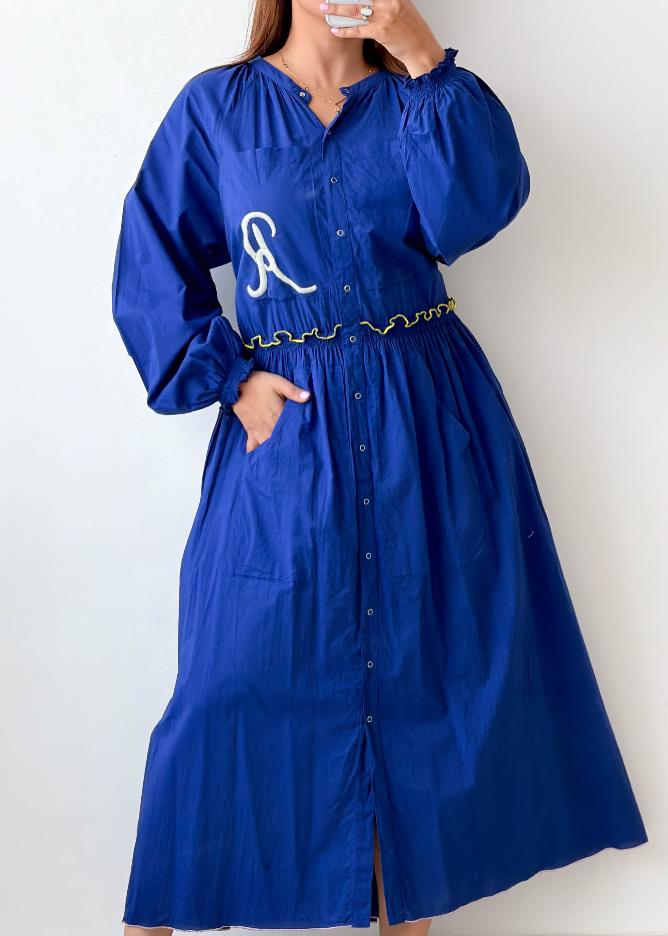 Size L-XL Royal Blue Embroidered Button-Down Maxi Dress