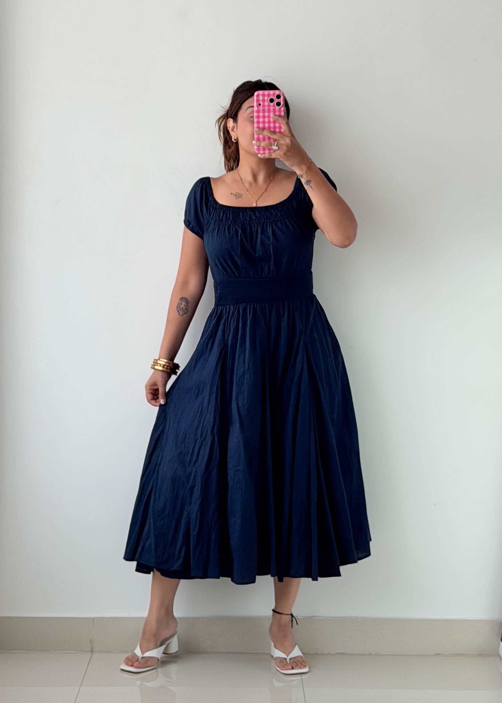Size M-L Navy Fit & Flare Midi Dress