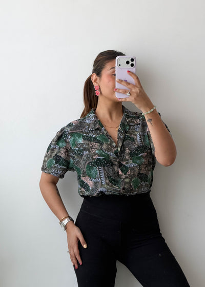 S-M Green Scenic Print Viscose Shirt