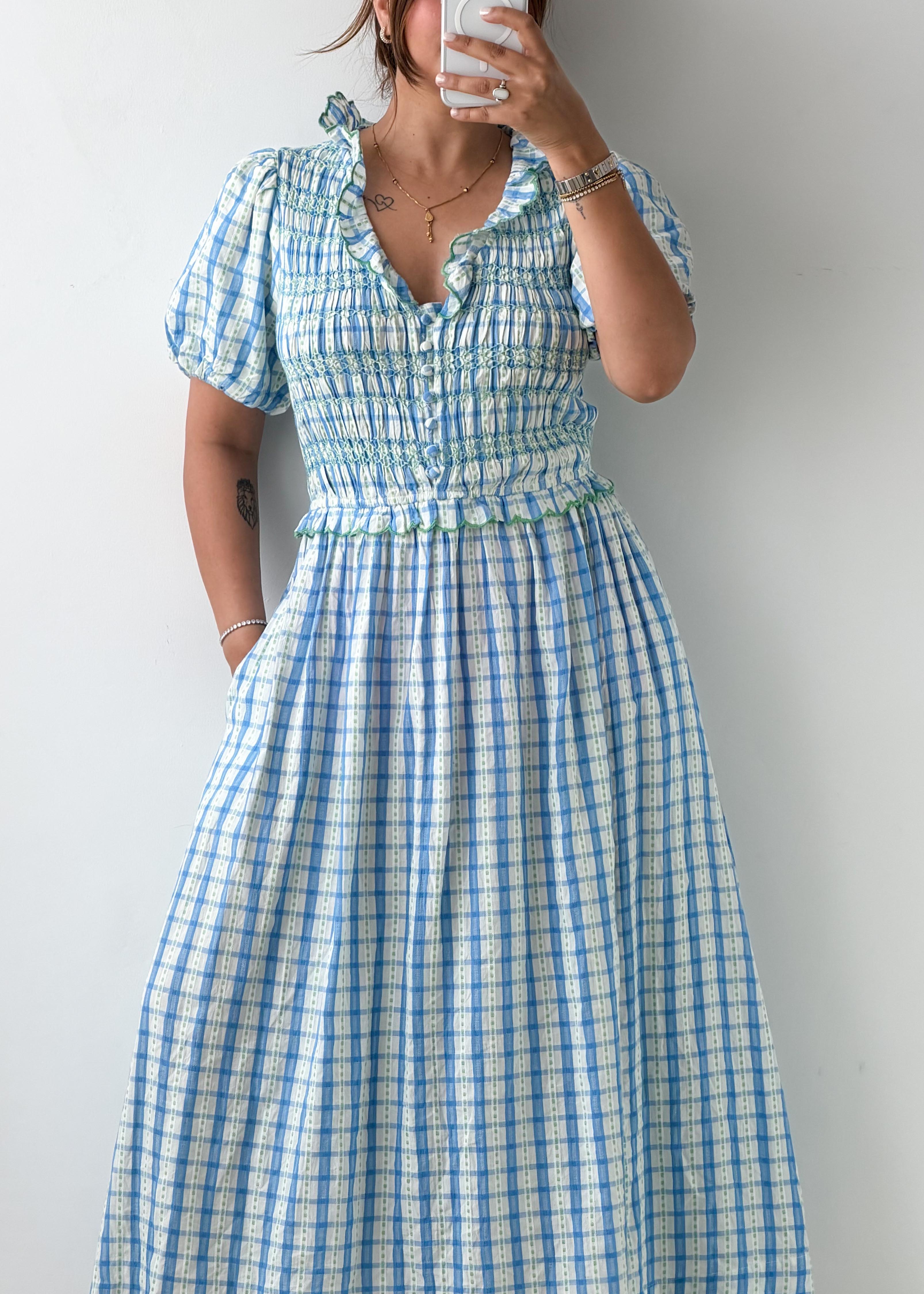 Size M-L/ XL-2XL Blue Checkered Midi Dress