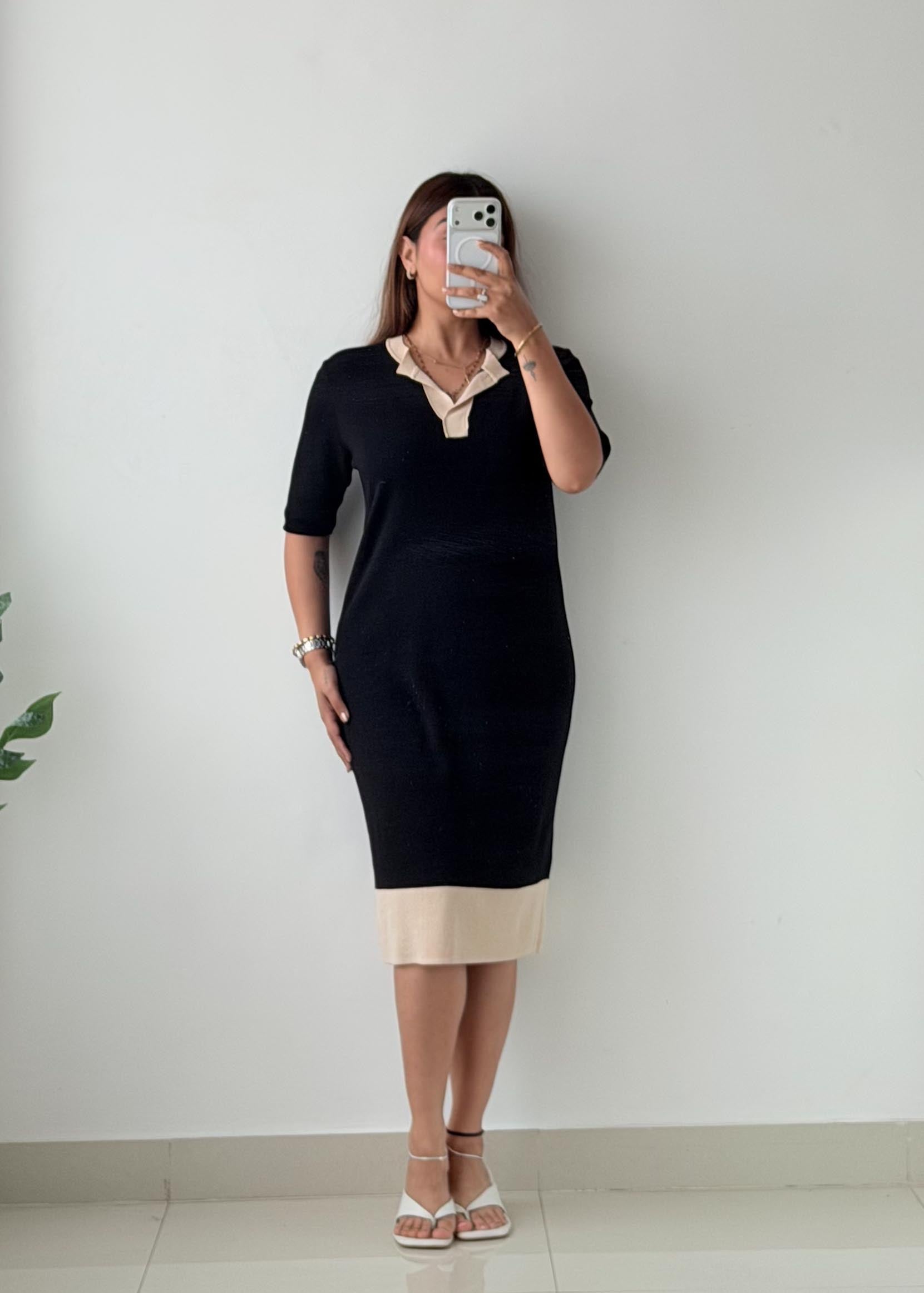Size M-L Black Contrast Trim Knit Midi Dress