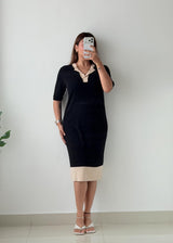 Size M-L Black Contrast Trim Knit Midi Dress