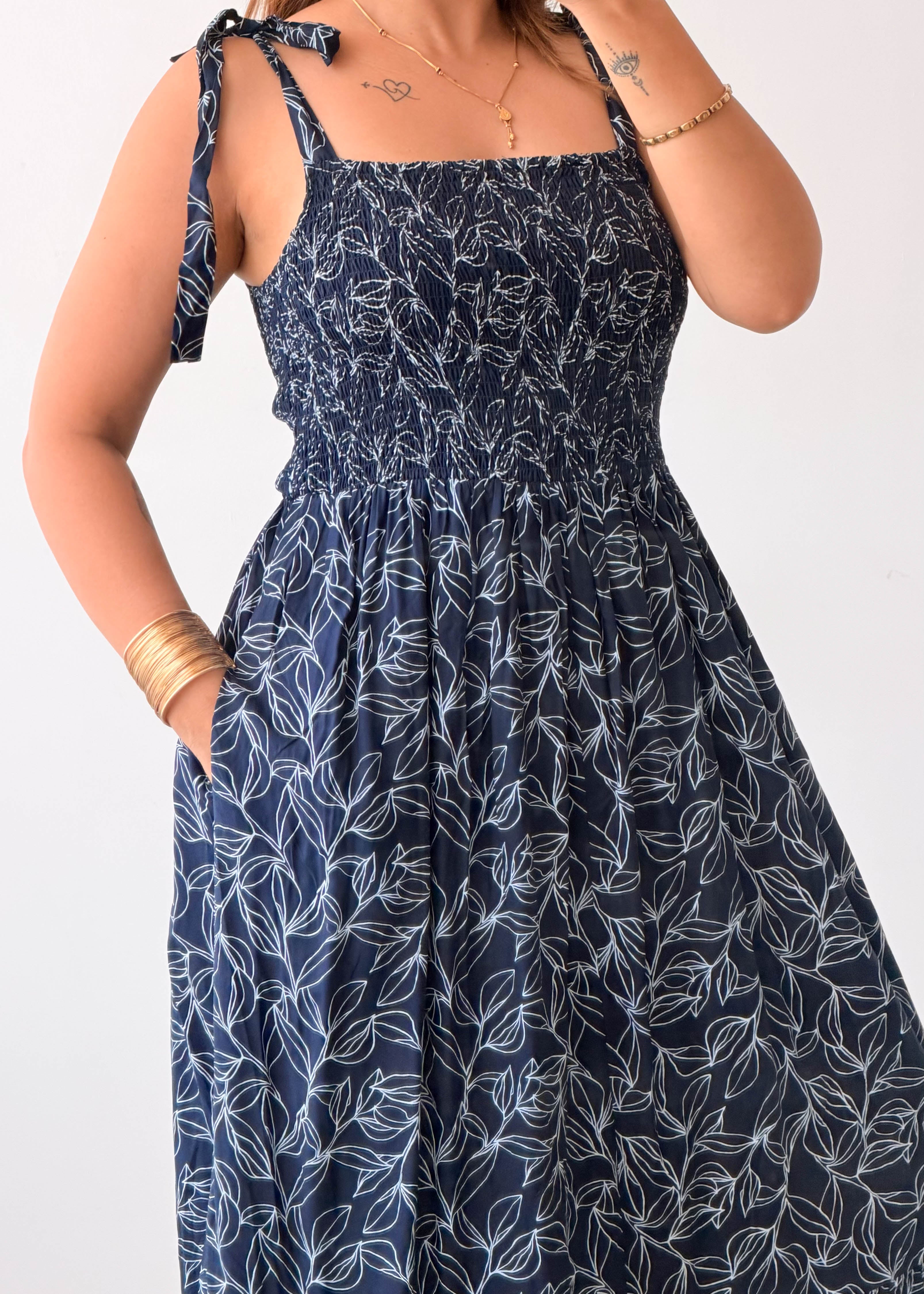 Size M-L Navy Floral Smocked Maxi Dress