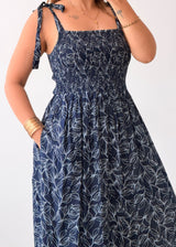 Size M-L Navy Floral Smocked Maxi Dress