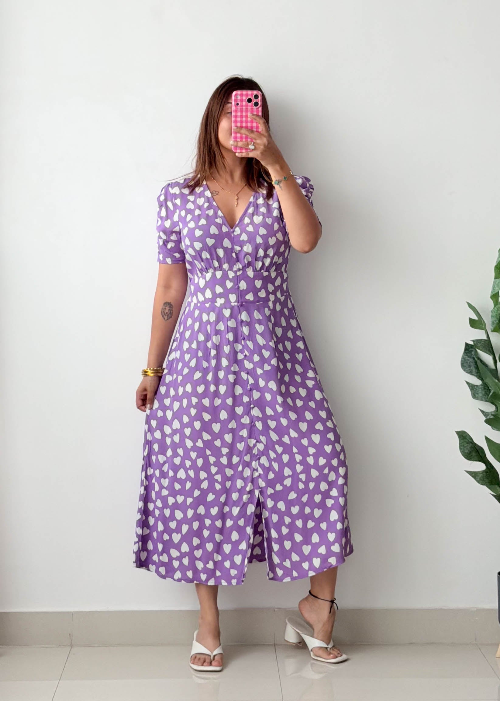 Size M-L Lilac Heart Print Midi Dress