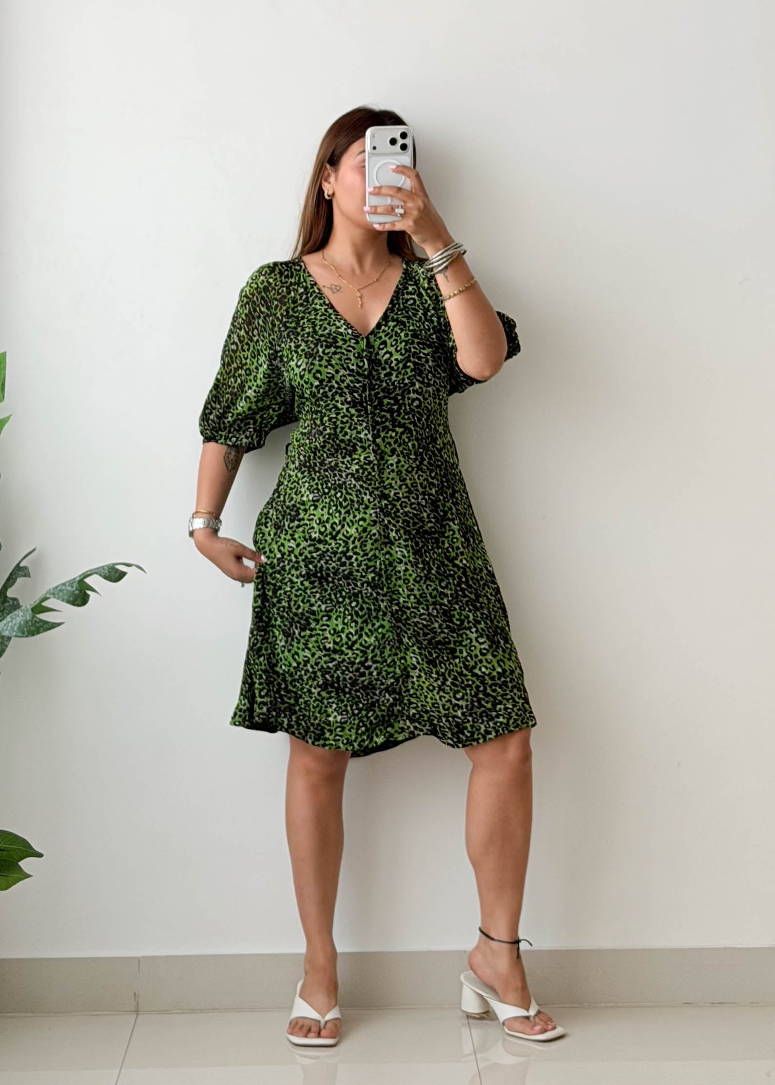 Size L-XL Green Leopard Print Mini Dress