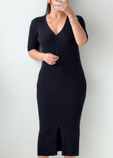 Size M-L Black Ribbed Button-Front Midi Dress