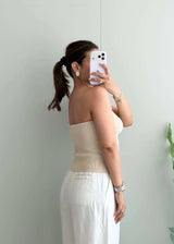 Size M-L, Beige Strapless Twist Ribbed Top - Closet by Payal