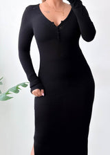 Size XS-S Black Henley Ribbed Maxi Dress