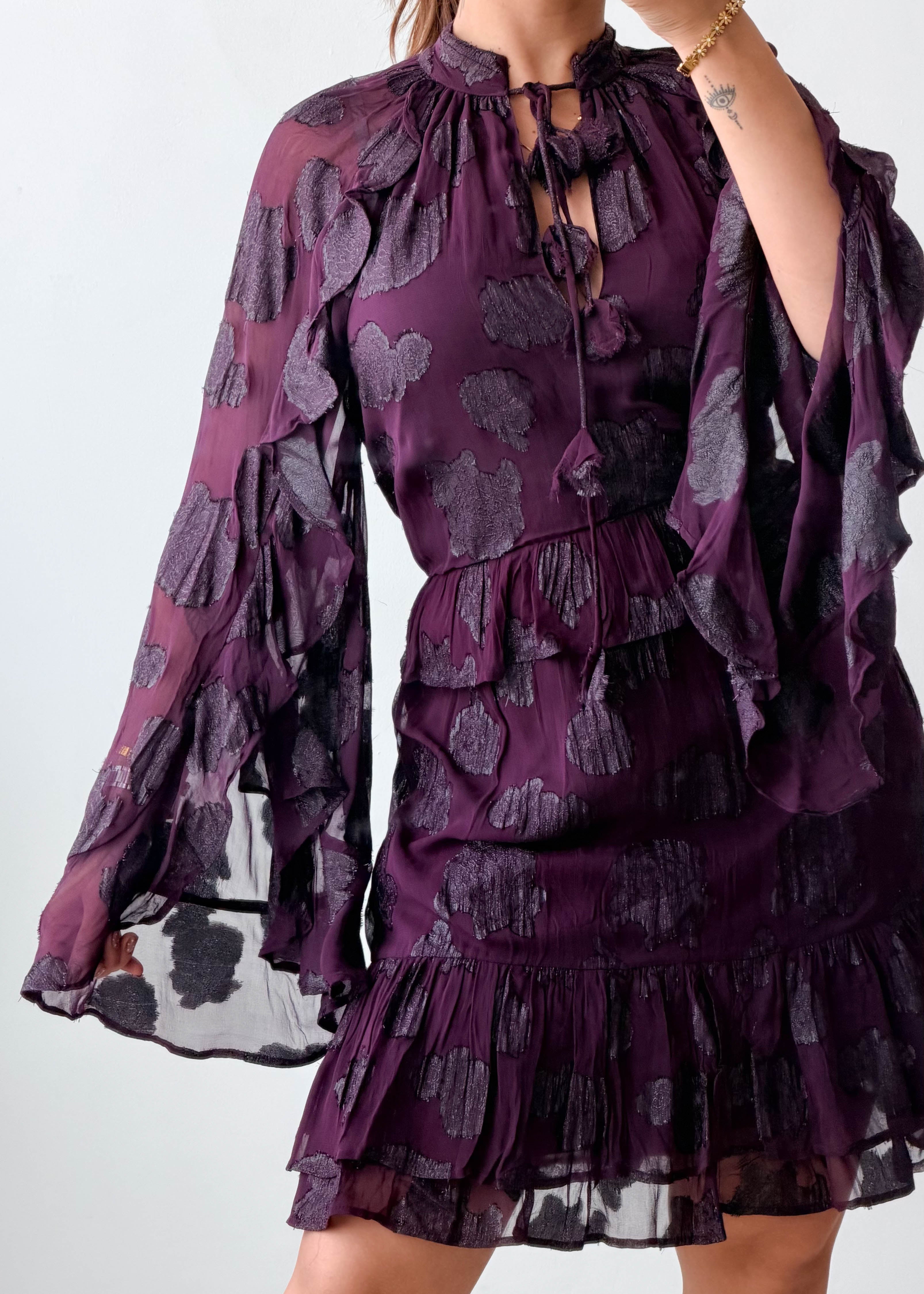 Size L-XL Plum Ruffle Sleeve Tiered Mini Dress