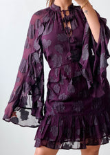 Size L-XL Plum Ruffle Sleeve Tiered Mini Dress