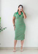 Size XS-S Green Striped Polo Midi Dress