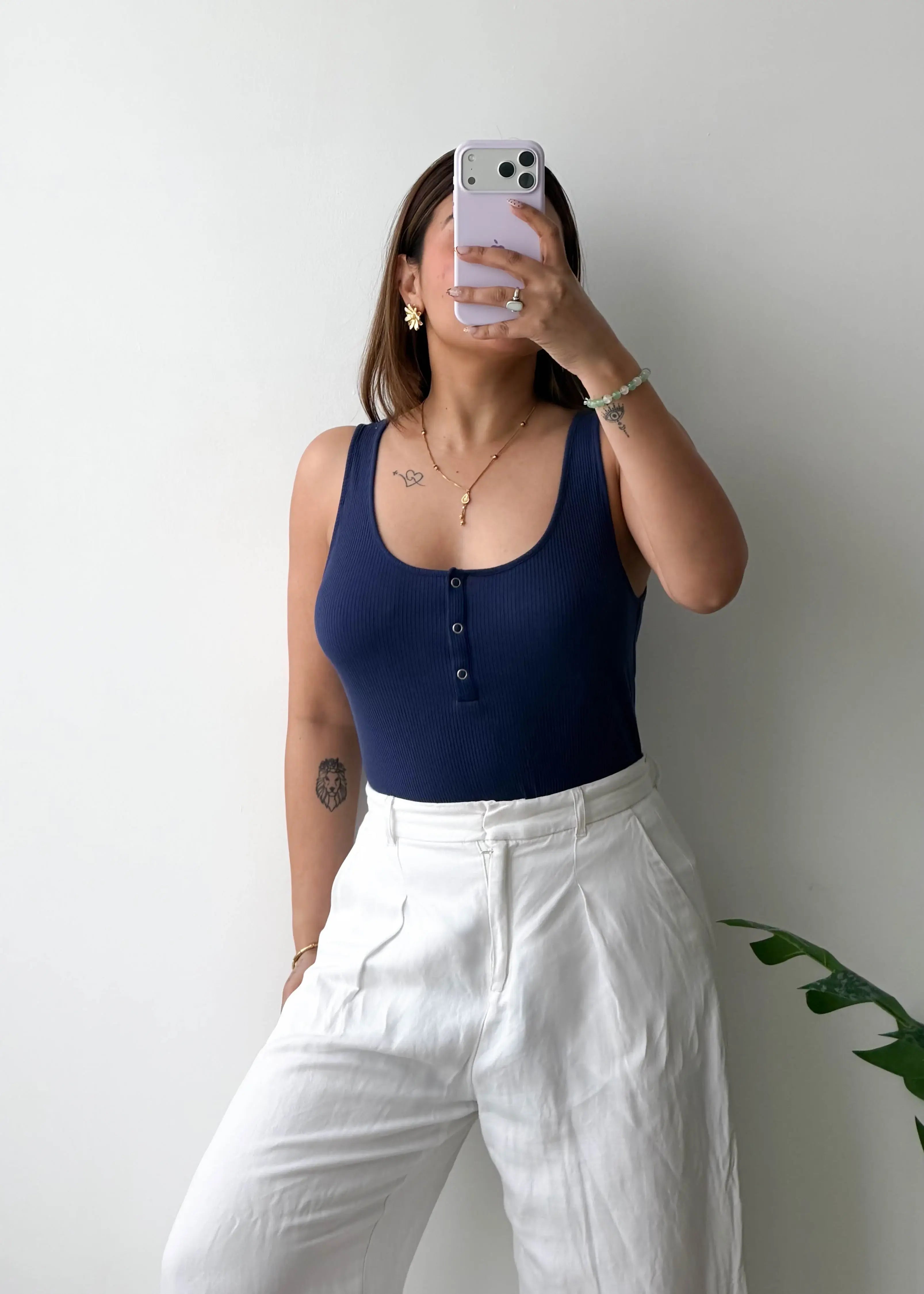 Size L-XL, Navy Blue Button Front Scoop Neck Bodysuit