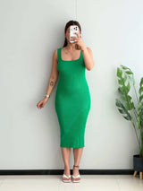 SIZE S-M, Green Ribbed Bodycon Midi Dress – Sleeveless Slim Fit - Closet by Payal