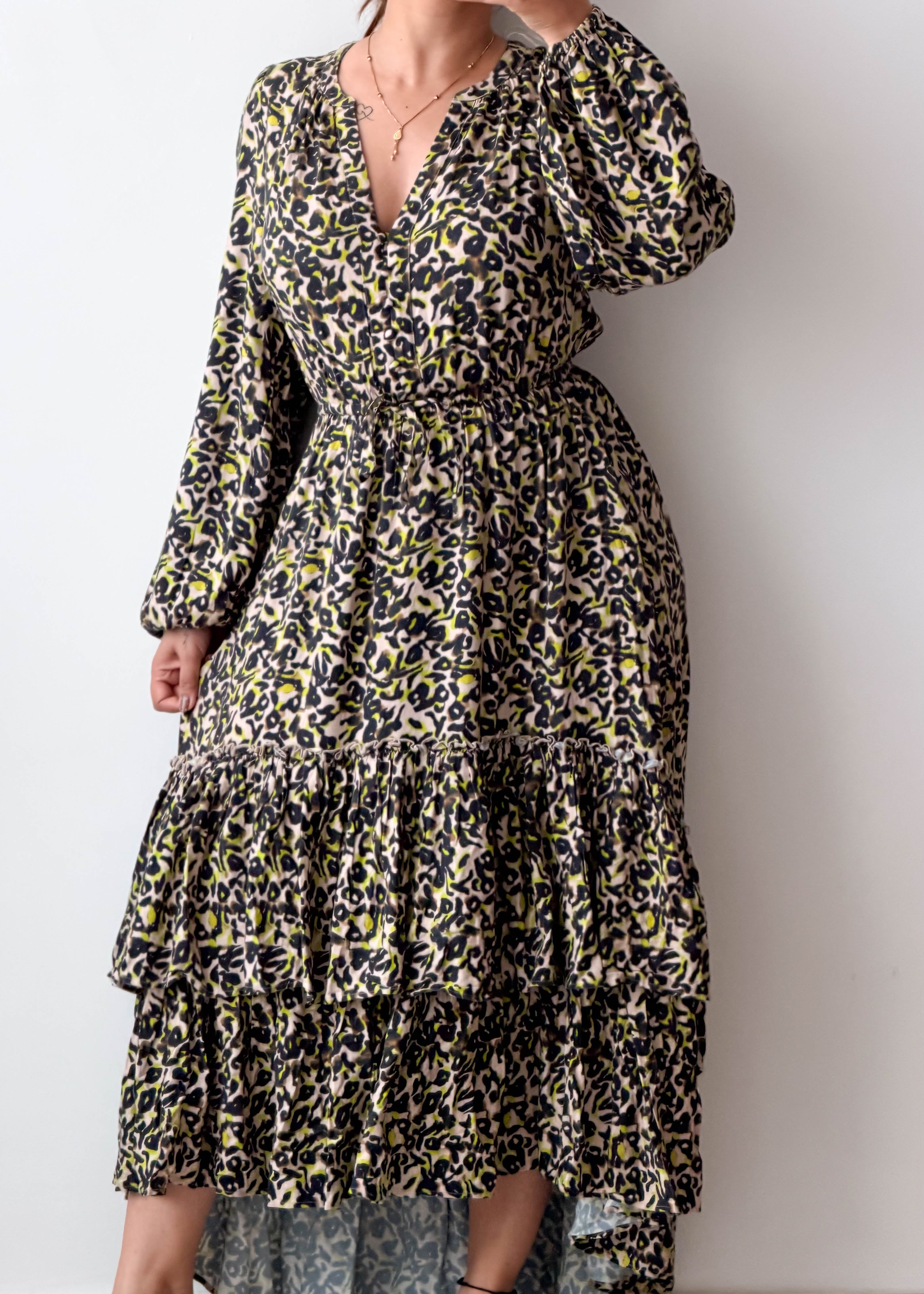 Size S-M Olive Leopard Print Tiered Maxi Dress
