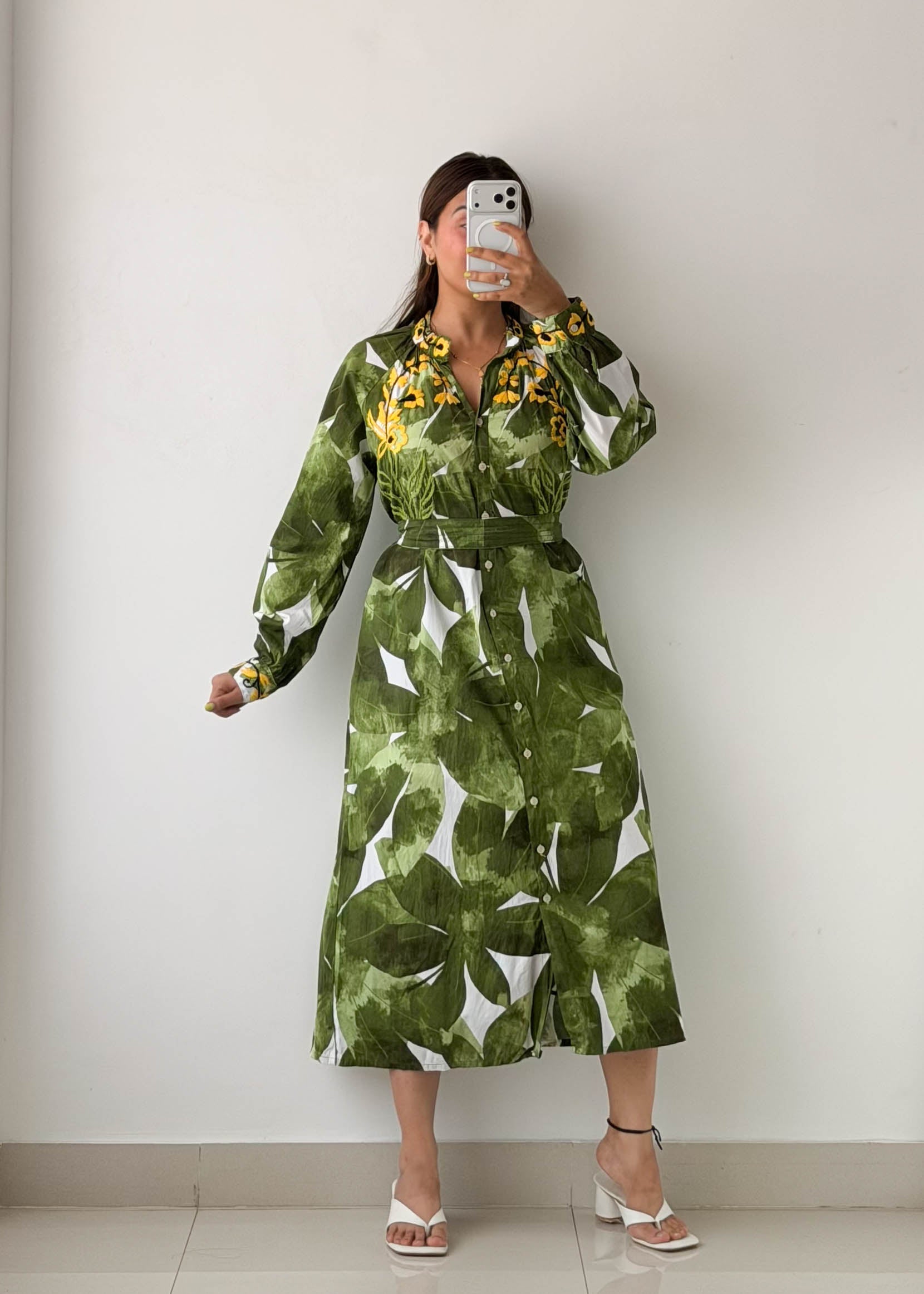 Size M-L Green Tropical Belted Shirt Dress