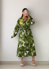 Size M-L Green Tropical Belted Shirt Dress