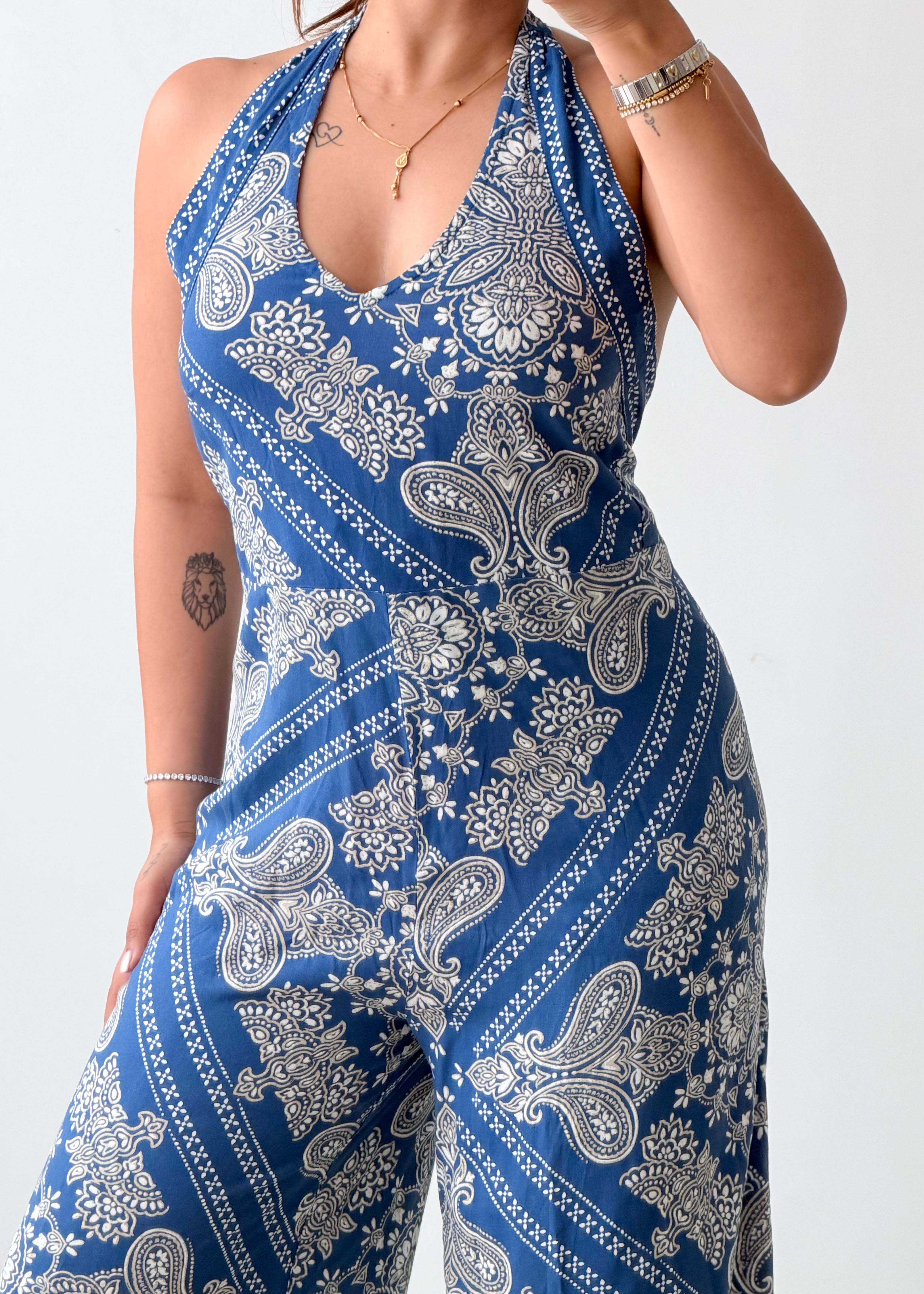 Size M-L Blue Paisley Print Halter wrap around Jumpsuit