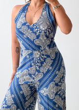 Size M-L Blue Paisley Print Halter wrap around Jumpsuit