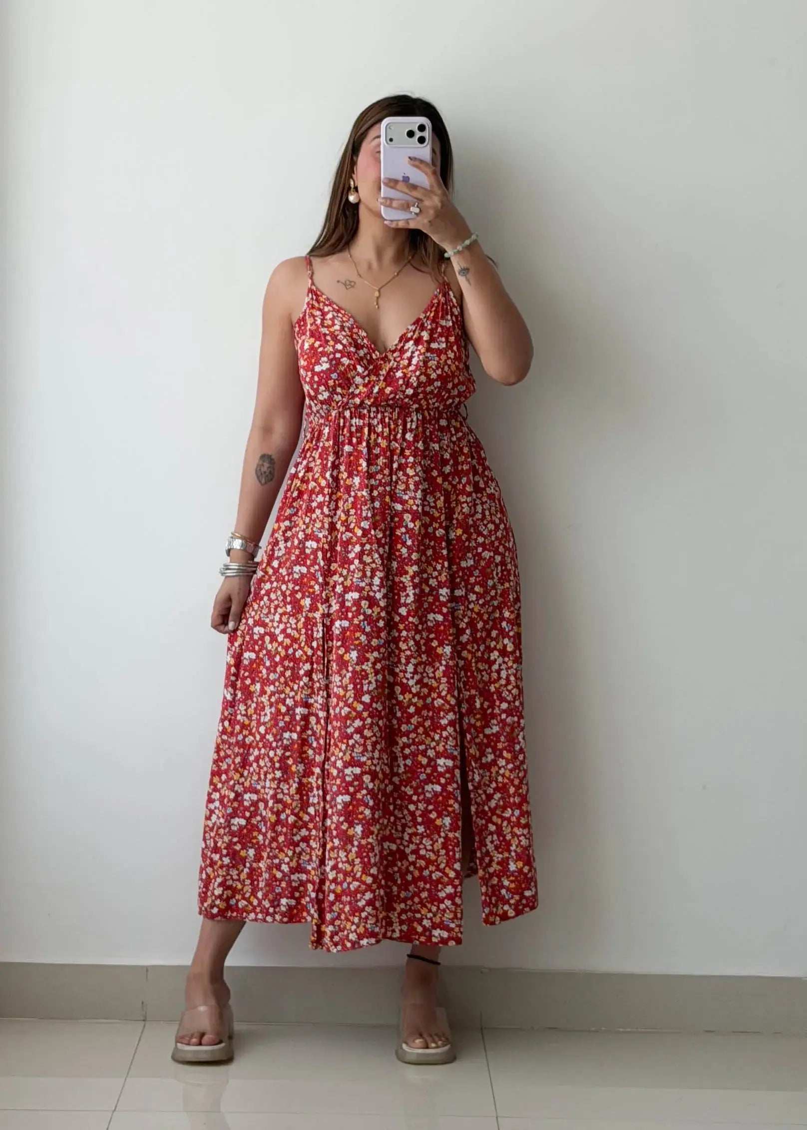 Size M-L, Red Floral Midi Dress