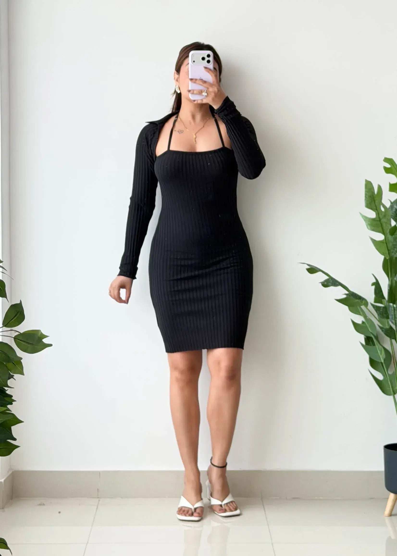 Size M-L, Black Strap Detail Ribbed Mini Dress - Closet by Payal