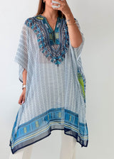 Free Size Blue Embroidered Kaftan Top