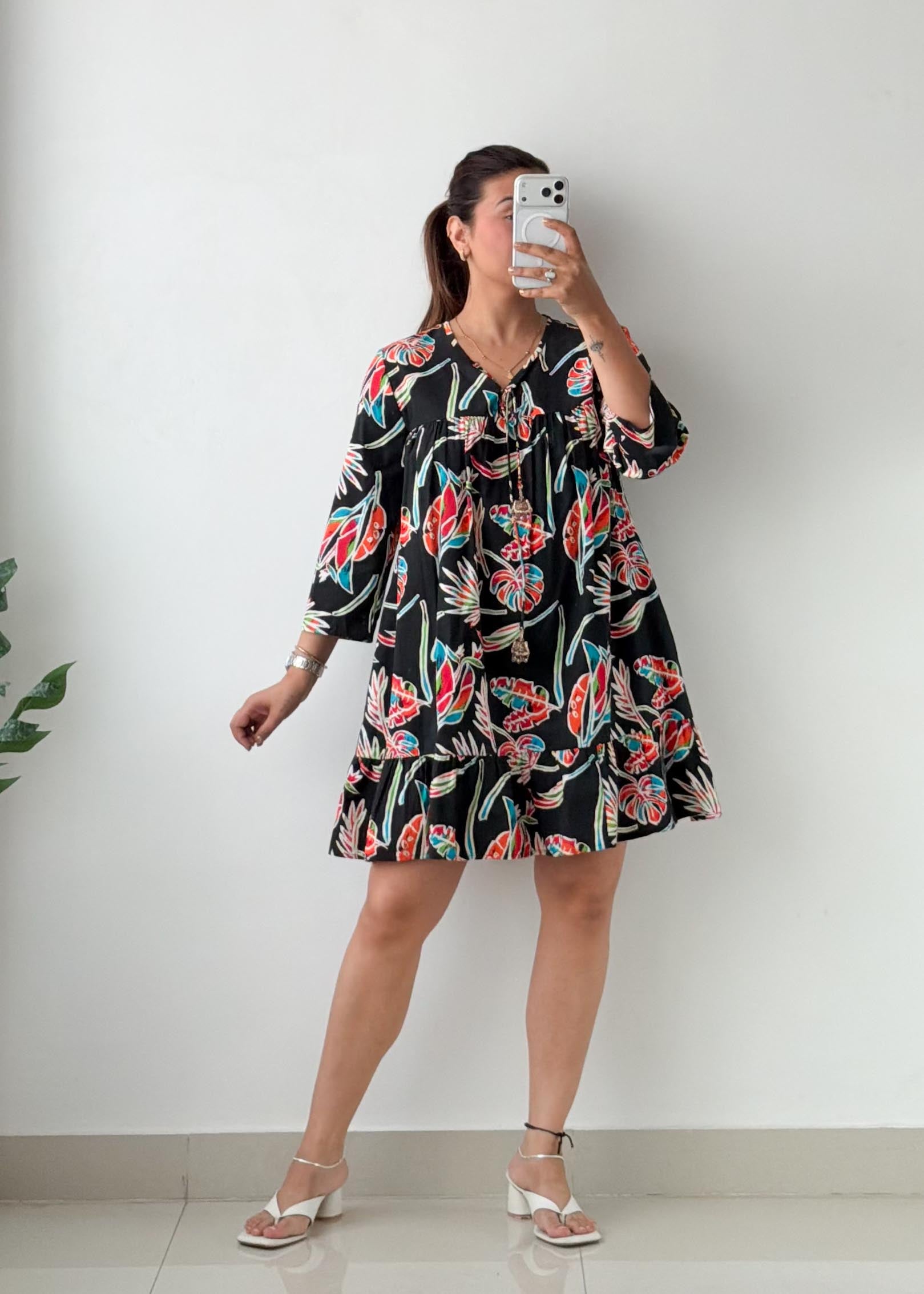 Size S-M Black Tropical Print Mini Dress