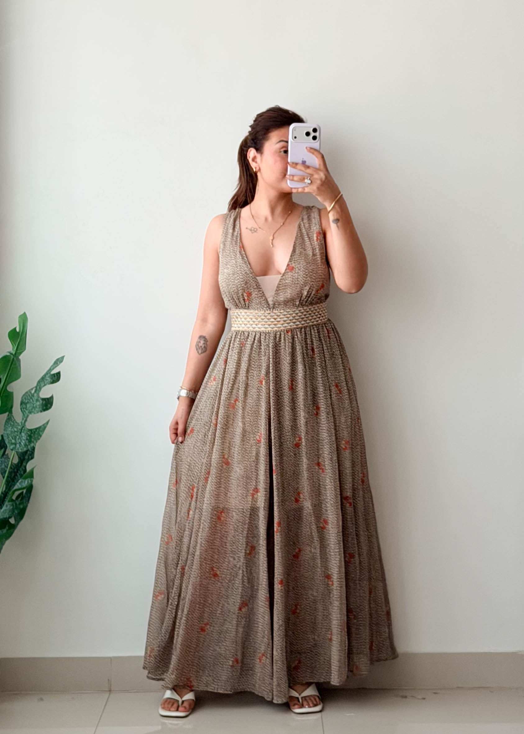 Size L-XL Beige Printed Maxi Dress