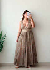Size L-XL Beige Printed Maxi Dress