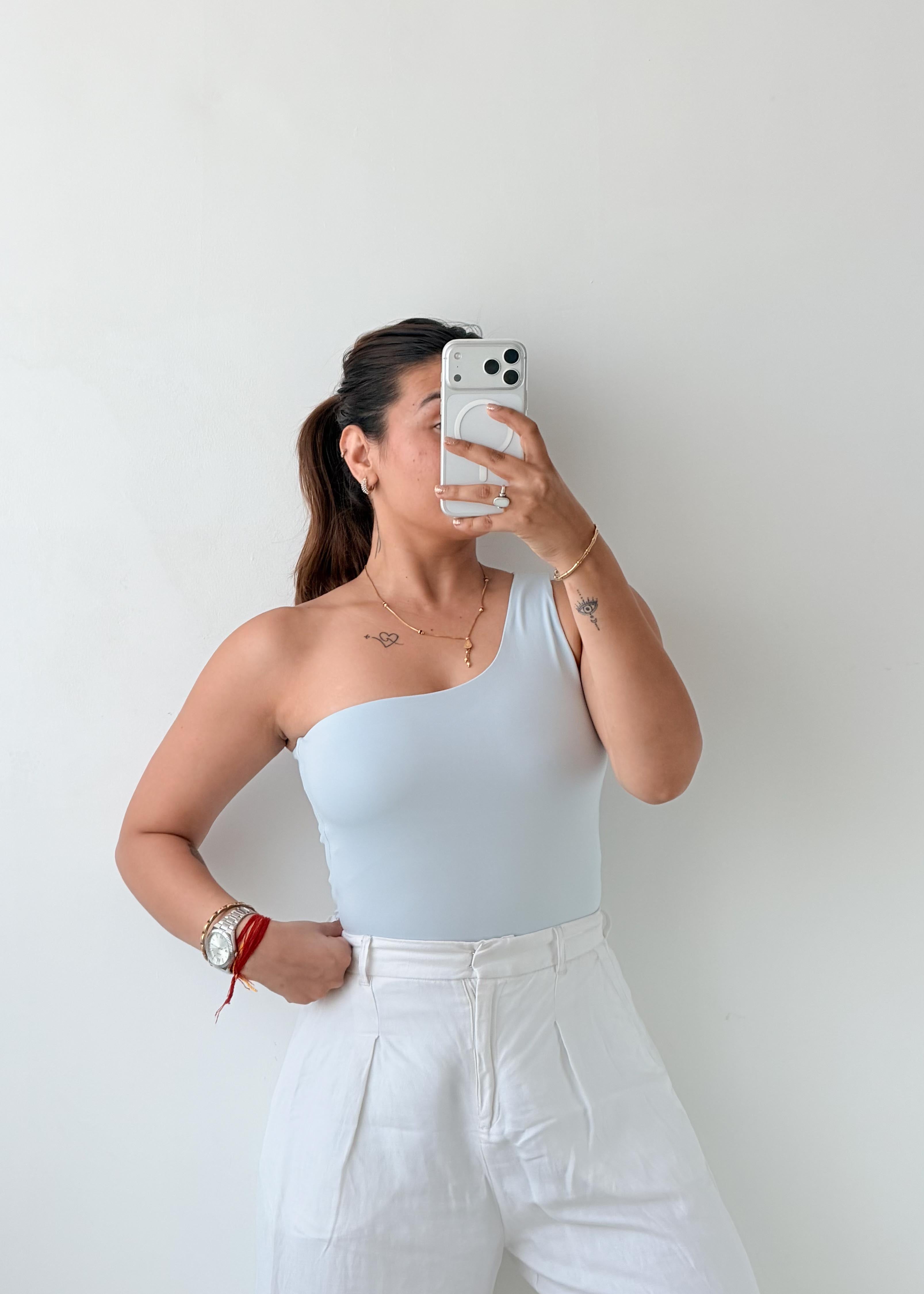 Size S-M Powder Blue One-Shoulder Bodysuit