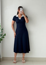 Size XS-S Navy Blue Collared Fit & Flare Midi Dress