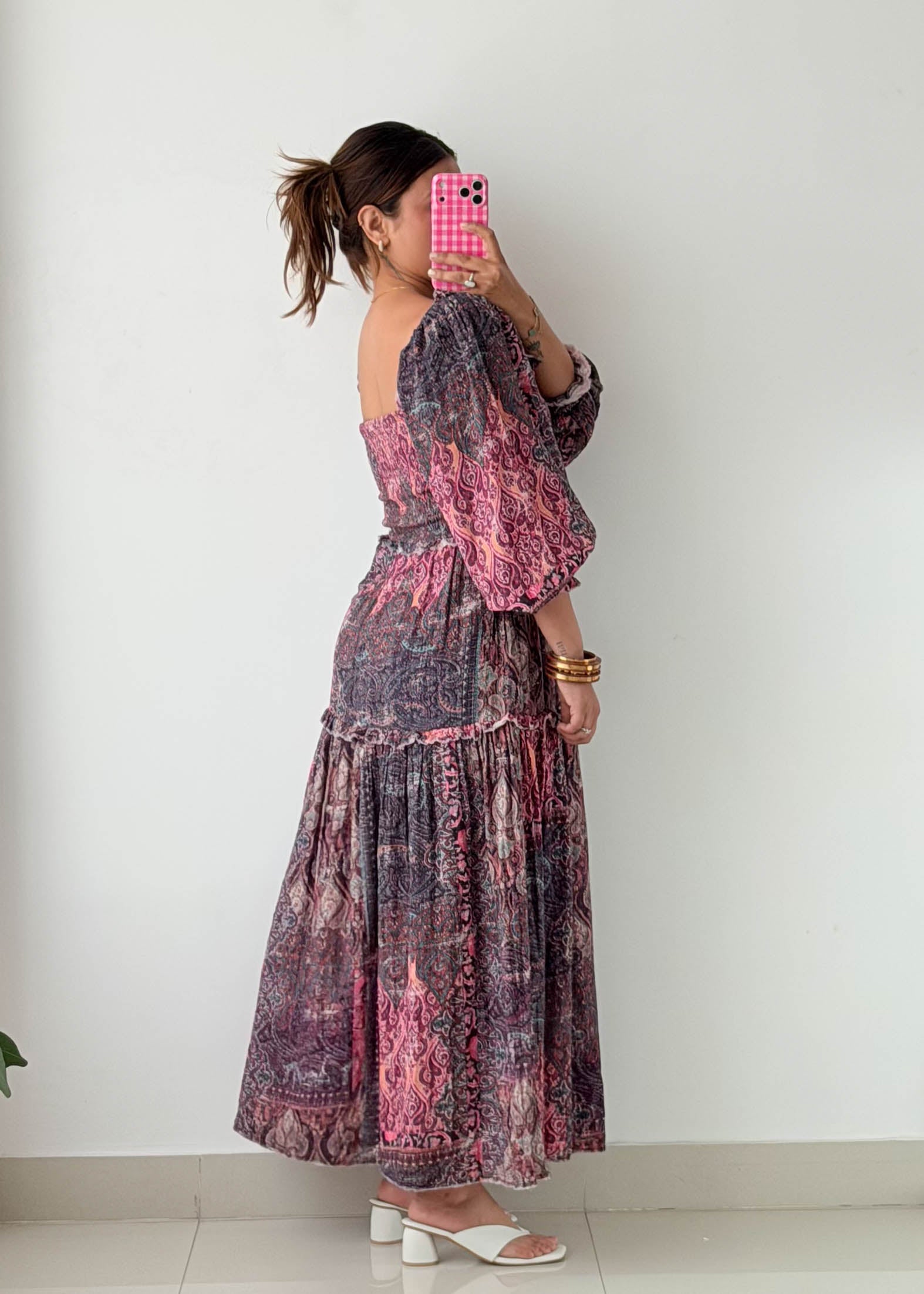Size M-L Pink Paisley Smocked Maxi Dress