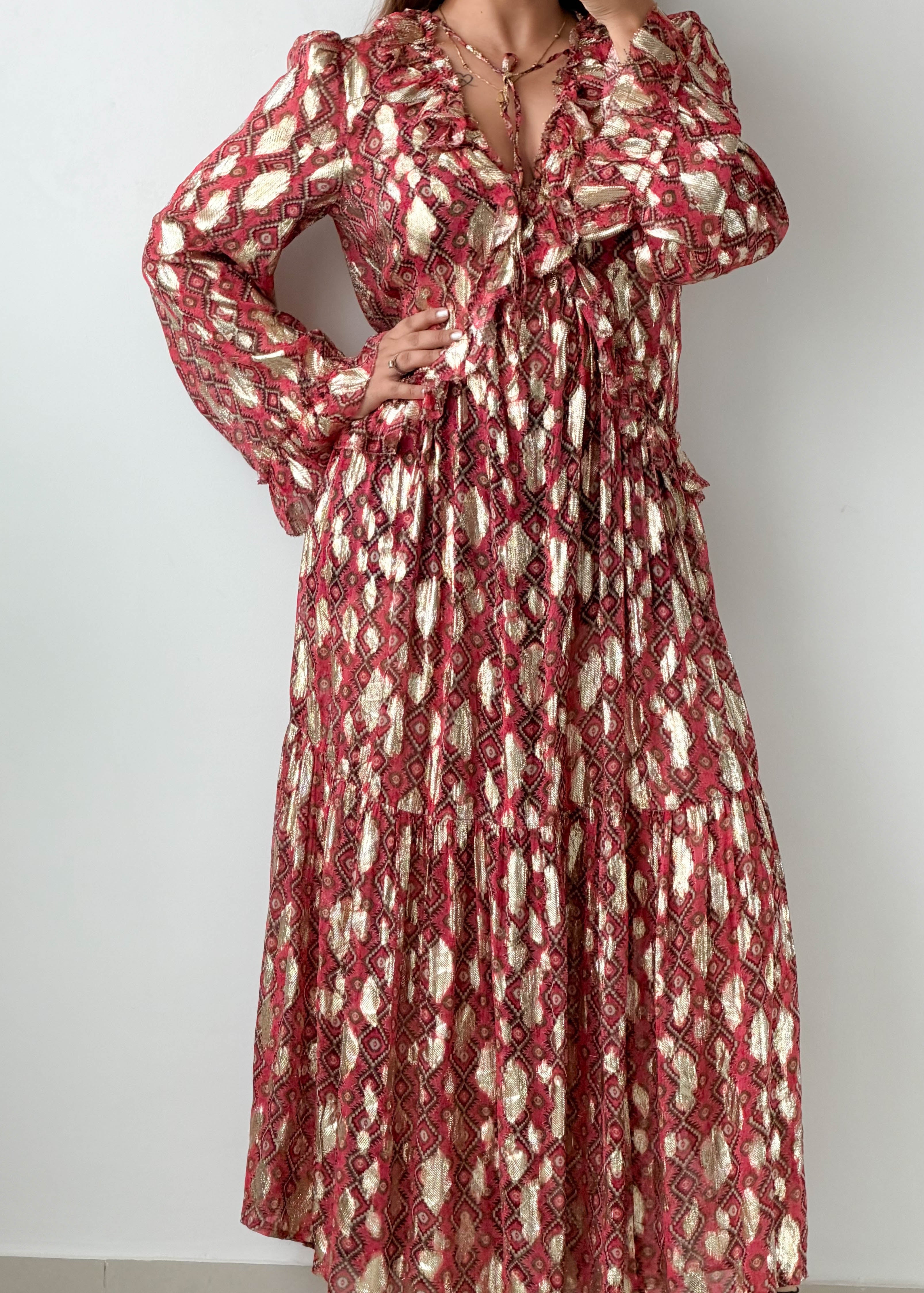 Size M-L Red Printed Ruffle Maxi Dress