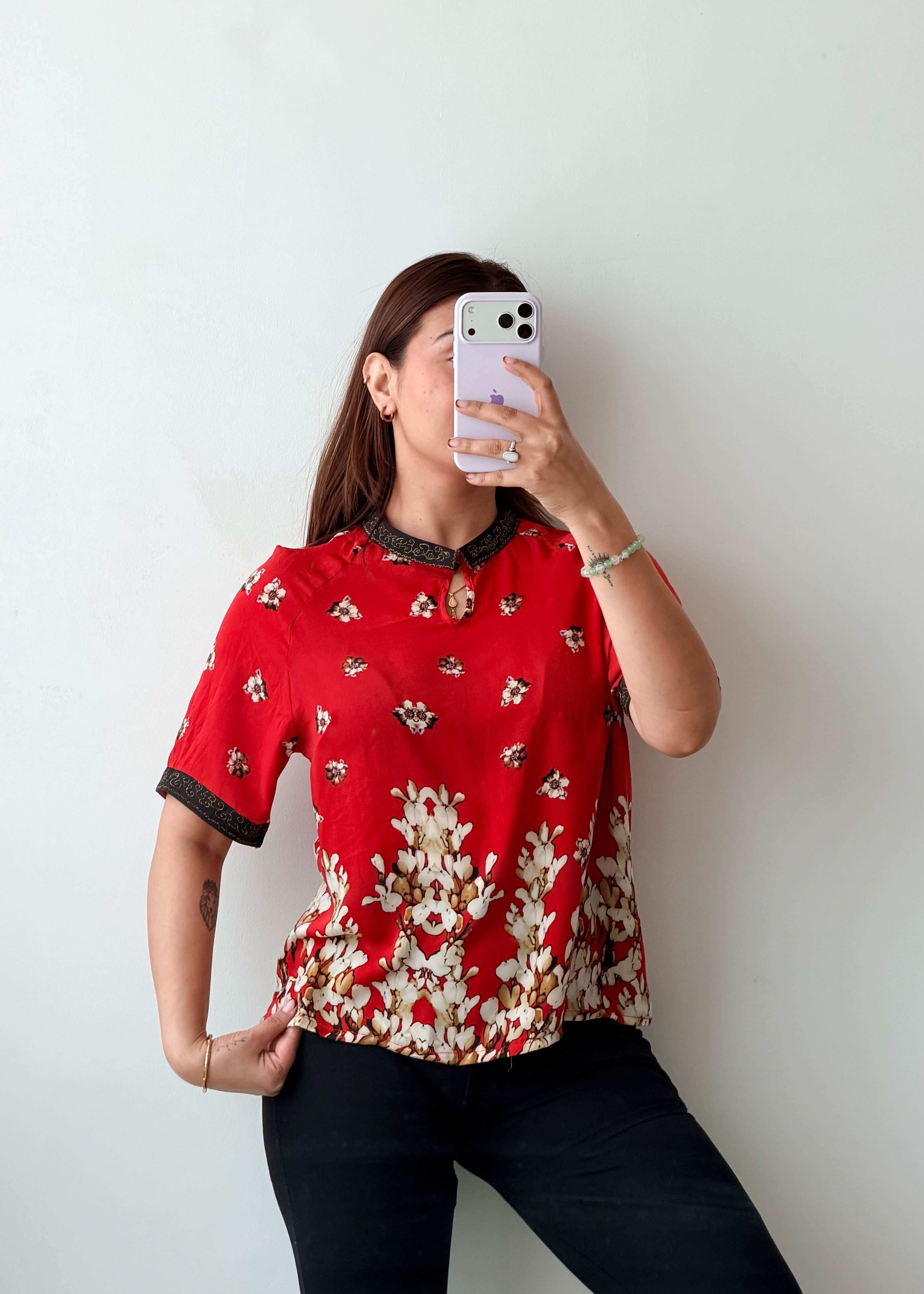 S-M Red Floral Mandarin Collar Top